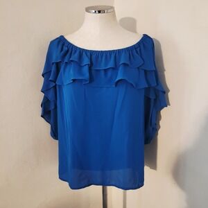 WORTHINGTON Petite Women Royal Blue Off Shoulder Ruffle Sleeve Blouse Top PM